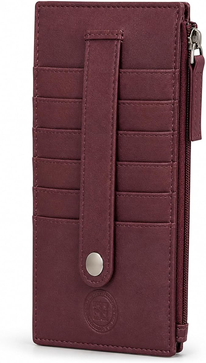 Leatherboss Genuine Leather Women's All in One Credit Business Card Case Holder Slim Zipper Wallet With a Card Protection Strap, Wine