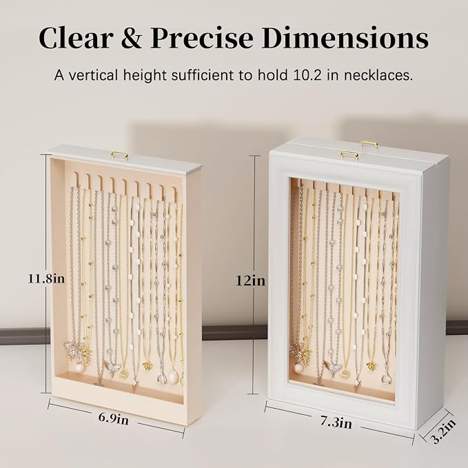 2-Layer Necklace Organizer Box with Double-Sided Clear Lid, White | Jewelry Storage Case, Anti-Tangle Necklaces Display Holder for Pendants Bracelets, Jewelry Organizer for Women Girls