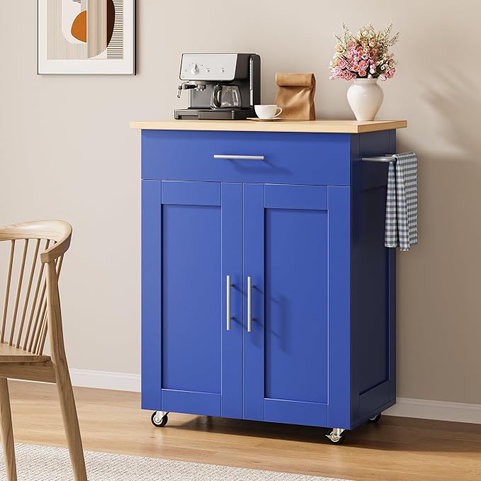 OtterOasis Kitchen Island Cart with Storage, Small Kitchen Island on Wheels with Large Drawer, Adjustable Shelf & Towel Rack, Rolling Island Table for Kitchen & Dining Room, Blue