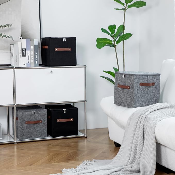 4PCS Storage Cubes with Zippered Lids Fabric Storage Bins Boxes | with 3 PU Leather Handles Cotton Linen Decorative Foldable Washable Lidded Shelf Closet Organizer Container (Black, 11 Inch)