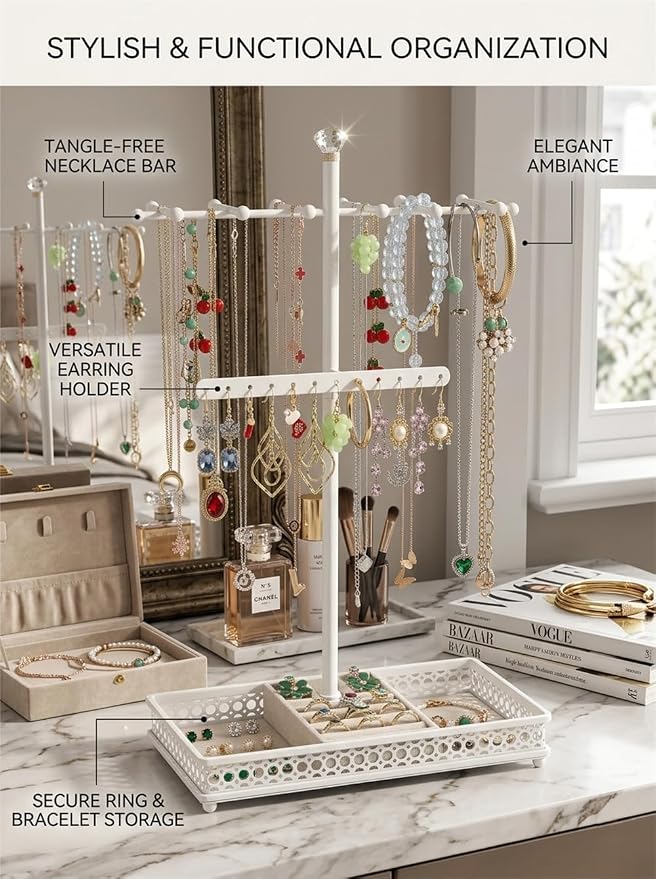 Meangood Jewelry Organizer Stand, 15.6" H Jewelry Tree Display Holder Stand for Bracelets Necklaces Earrings Rings, Gift for Women Girls (White)