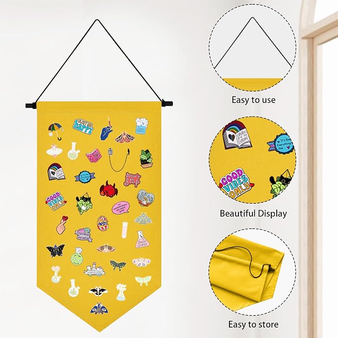 Winmany Wall Hanging Brooch Jewelry Storage Case Canvas Display Stand Enamel Pin Display Banner Holder Earrings Necklace Glitter Pin Collection Organizer (Yellow)