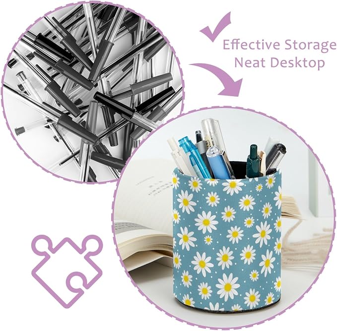Daisy Flowers Pen Holder Pencil Organizer for Desk, 3.1” x 3.1” x 3.9” Pencil Cup Office Supplies, Large Capacity Cute Pen and Makeup Brush Holder for Home, School, Desktop