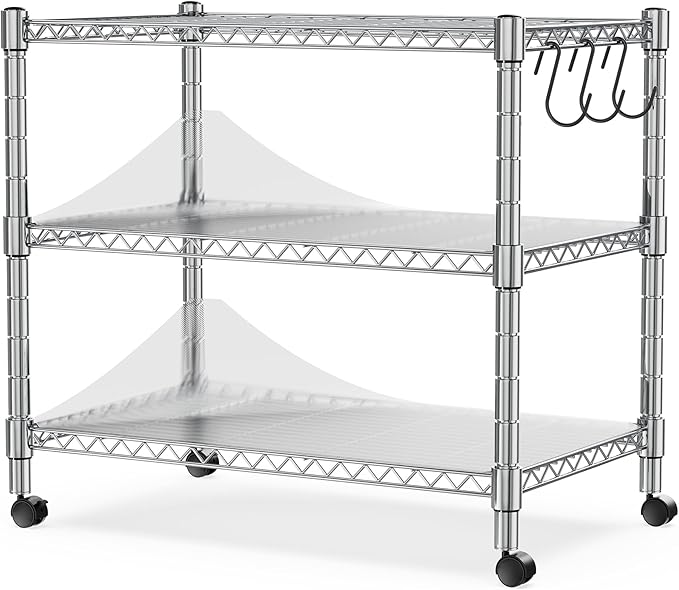 Heavy Duty 3-Shelf Shelving Unit, 24.02" W x 13.78" D x 21.97" H Chrome Steel Storage Rack with Wheels, 2 PP Shelf Liners and Hooks, Adjustable Under Desk Organizer for Kitchen, Office, Garage