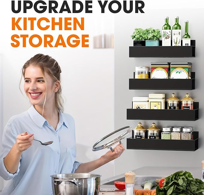 Cheer Collection Magnetic Spice Rack for Refrigerator Set of 4 Heavy Duty Metal Shelves, Corrosion-Proof Fridge Organizer for Kitchen Storage
