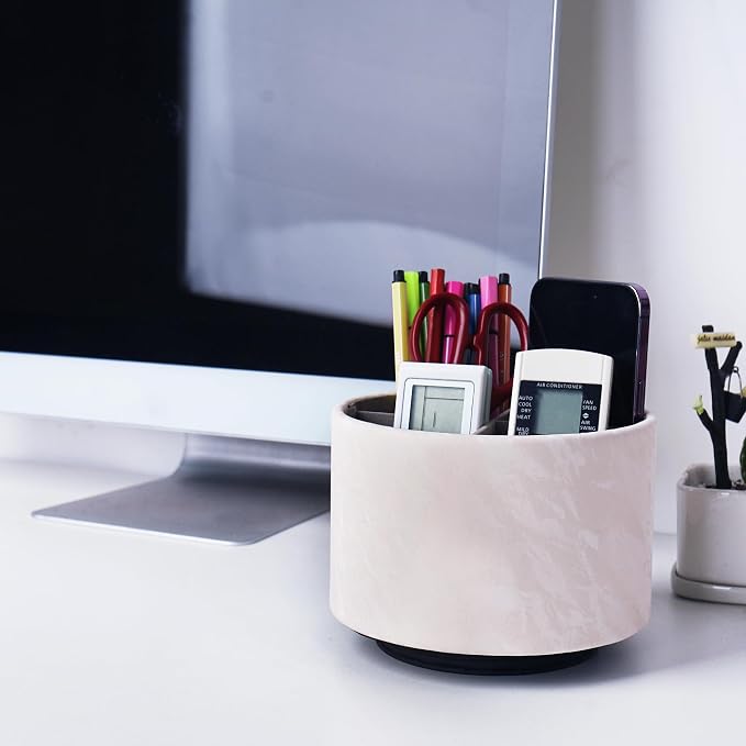 Round Leather Art Supply Organizer,Remote Control Holder,360 Degree Spinning,Multi-Functional Pencil Holder,4 Compartments Desktop Stationary Organizer(1-Hill White)