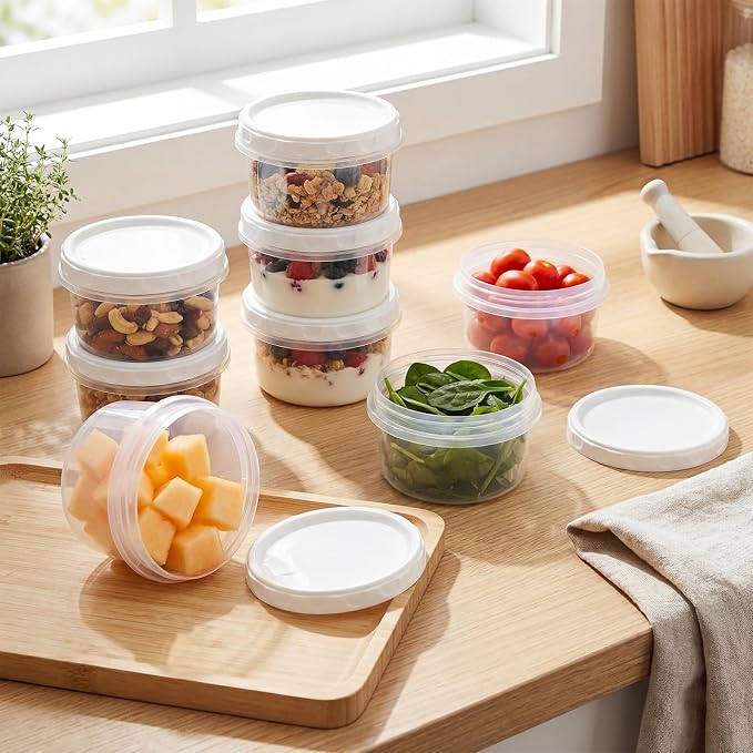 Sieral 16 Pack 8 oz Freezer Containers with Lids Reusable Deli Freezer Storage Containers Stackable Plastic Thick Twist Top Jars for Takeout Food Round Wide Mouth Lunch Snack (White)