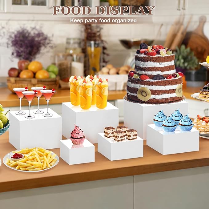 6Pcs White Buffet Risers Set (Size 5",6",7",8",9",10"),Food Risers for Buffet Table Display Stand Shelf for Party Catering Dessert Collectibles Acrylic Cube Boxes Display with Hollow Bottoms