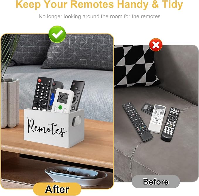 Remote Control Holder, Wooden TV Remote Holder for Table, Remote Caddy Organizer with 2 Compartments, Media Storage Box for Nightstand, Couch (White)