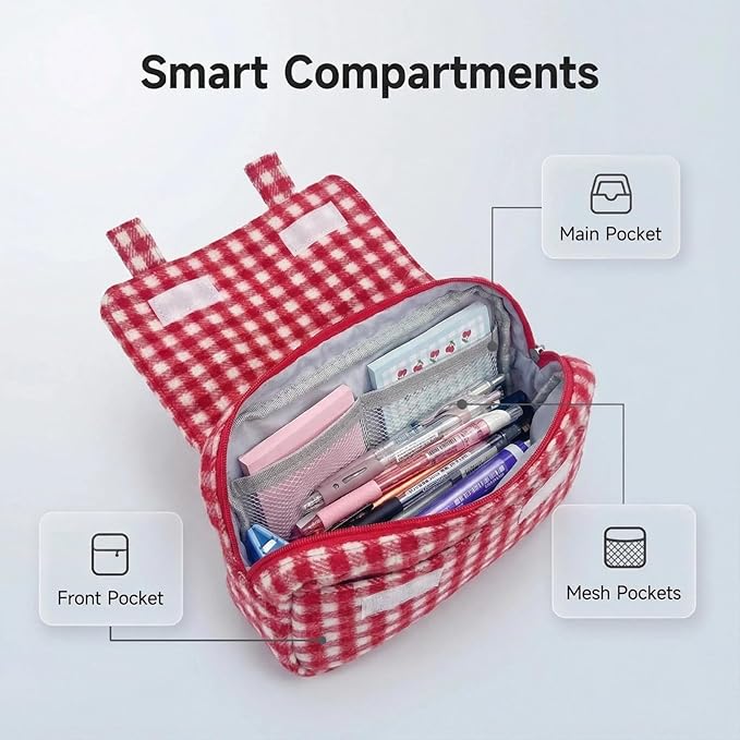 Cute Checkered Pencil Case, Red White Plaid, Large Capacity Gingham Pattern Pen Bag with Handle, Big Stationery Organizer, Multi-Use Storage Pouch, 8.7x1.6x4.7 Inches, Red