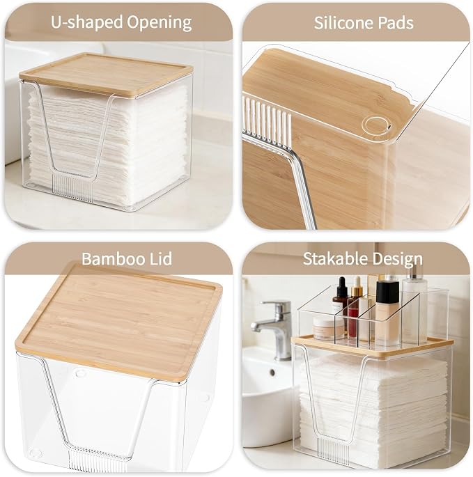 SPOSPO 2 in 1 Disposable Facial Towel Holder and Cosmetic Organizer | Clear Storage with Bamboo Lid Compatible with Clean Skin Club Towel XL, Vanity Organizer for Bathroom Vanity Counter (2 Pack)