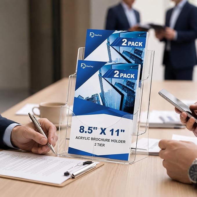 2 Pack Acrylic Brochure Holder 8.5 x 11, 2 Tier Brochure Display Stand with Removable Divider for 4 x 9 inches Trifold Pamphlets, acrylic flyer holder 8.5 x 11 Stands for Flyer, Pamphlet, Magazine