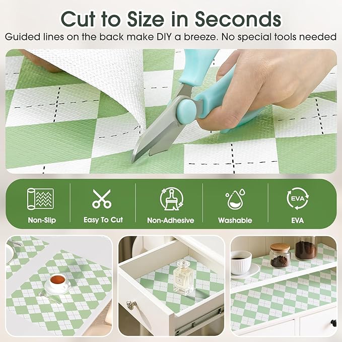 Coavas Shelf and Drawer Liner, Non Slip Extra Grip Non Adhesive Waterproof Thickened Cabinet Mat, Easy Cut for Kitchen Pantry Bathroom Dresser Cupboard (Green Rhombic, 24IN x 20FT)
