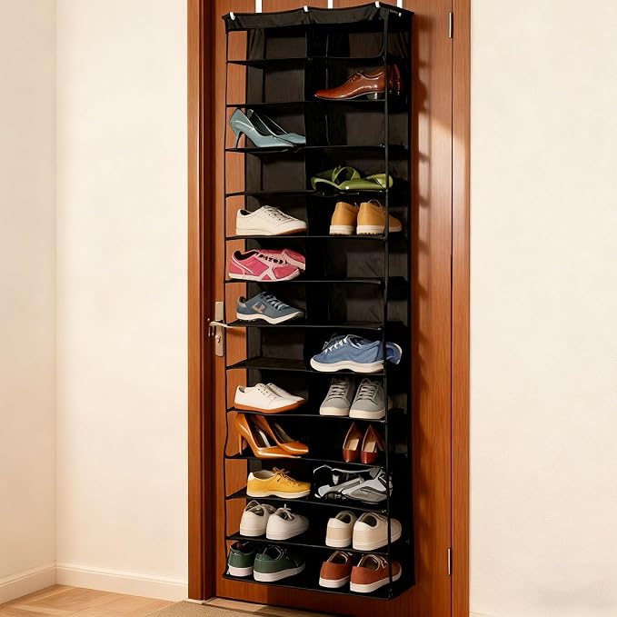 Hoodie Sweatshirt Storage Organizer, Over the Door Sweatshirt Organizer, 26-Pocket Clear Holder, Pockets Wall Shoes Bag, Portable Closet Wardrobe,63"L X 22"W X 6.3"H,Cabinet Behind The Doors (White)