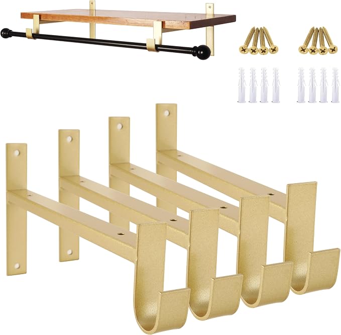 AddGrace Closet Rod Bracket Heavy Duty Shelf Brackets Gold 12 Inch 4 Pack | Fit for Closet Wardrobe Laundry Room and Kitchen, with Hook, Store Above and Hang Below, Supports 66 lbs, Easy to Install