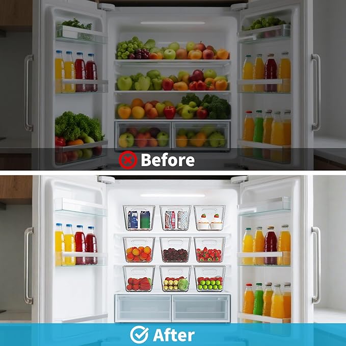 Clear Fridge Organizer with Handles & Lids, 6 Pack Large 11.5×7.5×6 Inch | Stackable Clear storage bins with handles, food organizer basket for kitchen, fridge, freezer