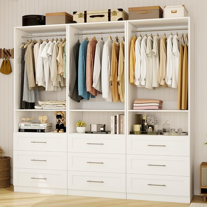 Closet System with Wooden Drawers, 6FT Closet Organize System with Drawers & Hanging Rods &for Walk in Closets, 3PCS*24" Freestanding Closet System, White(6FT)