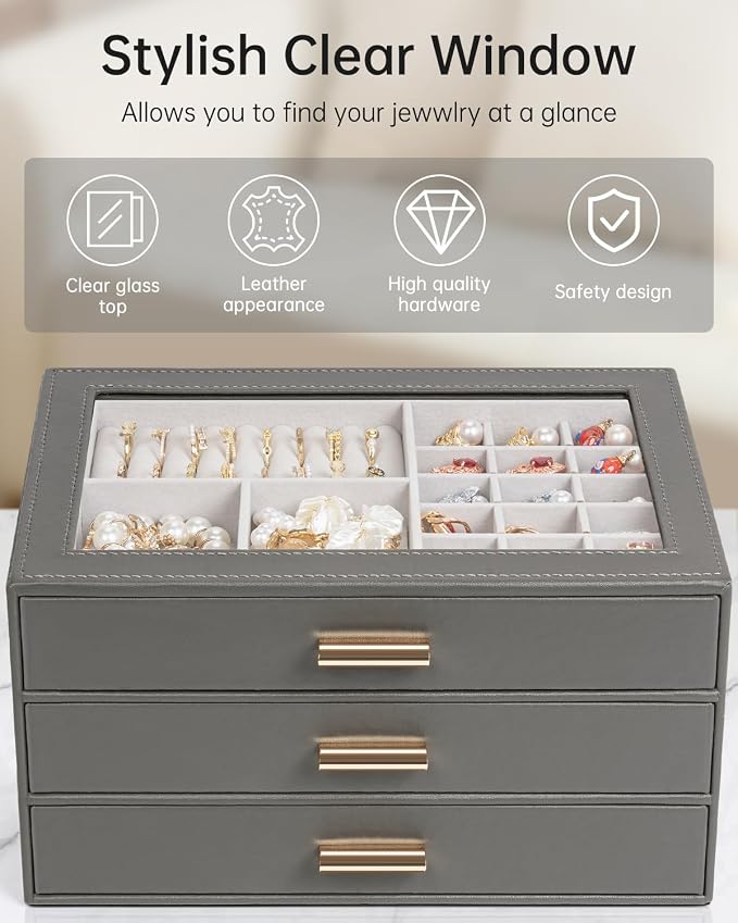 AKOZLIN Jewelry Box with Clear Lid Functional Leather Jewelry Storage Organizer Case 3 Drawers for Women Girls Necklace Ring Bracelet Earring