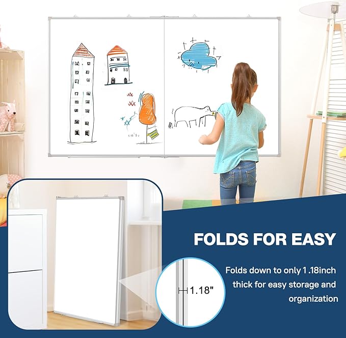WALGLASS Large White Board Dry Erase Board, 60" x 48" Double-Sided Foldable Dry Erase Board for Wall, Magnetic Whiteboard for Office, Home, School, Kitchen