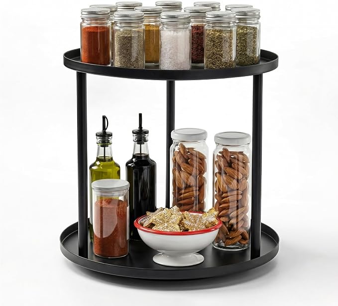 MUNEK 9" Lazy Susan Organizer,2 Tier Rotating Spice Rack Organization,Metal Lazy Susan for Table Top,Pantry, Bathroom, Vanity, Black