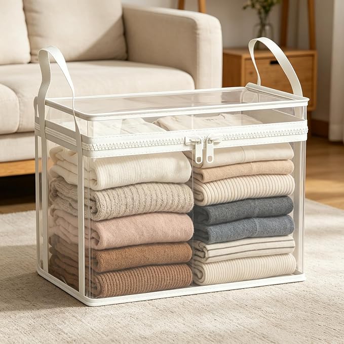 Large Clear Thick Plastic Storage Box with Hinged Lid, Heavy-Duty Durable High Capacity Organizer, Foldable Storage Box,Perfect for Home, Camping, Travel, Attic & Moving (White-L-3)
