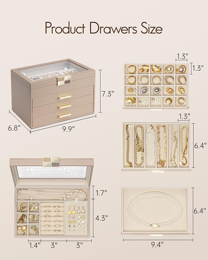 VLANDO Jewelry Box Organizer for Women, 4-Layer Jewelry Storage Case with Glass Lid, Gold Handle, 3 Drawers for Rings, Earrings, Necklaces and Bracelets - Toffee