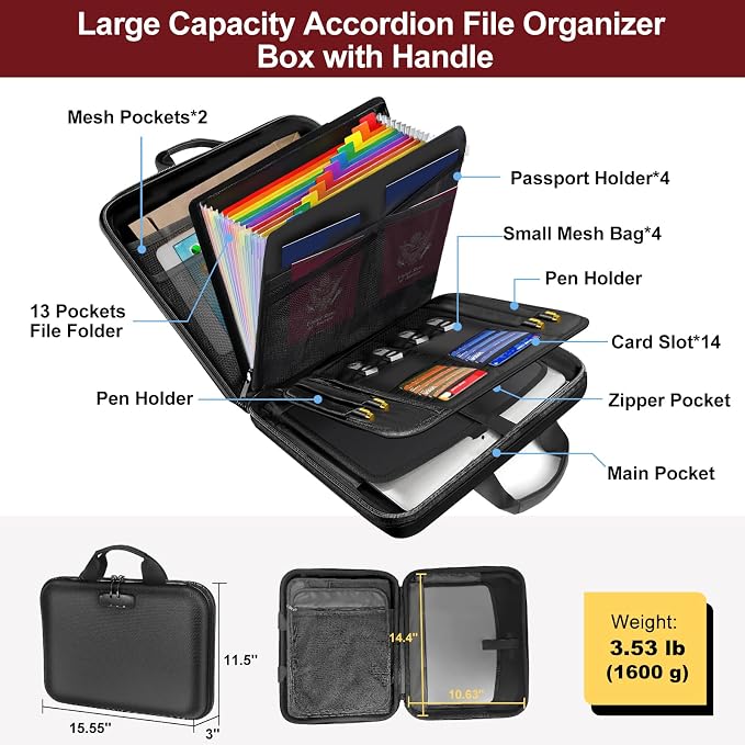 Fireproof Document Organizer with Lock for Important Documents, File | 13-Pocket Accordion Folder, Fire & Water-Resistant, Portable Home Office Travel Safe Box Storage for Laptop, Hard-Shell Case