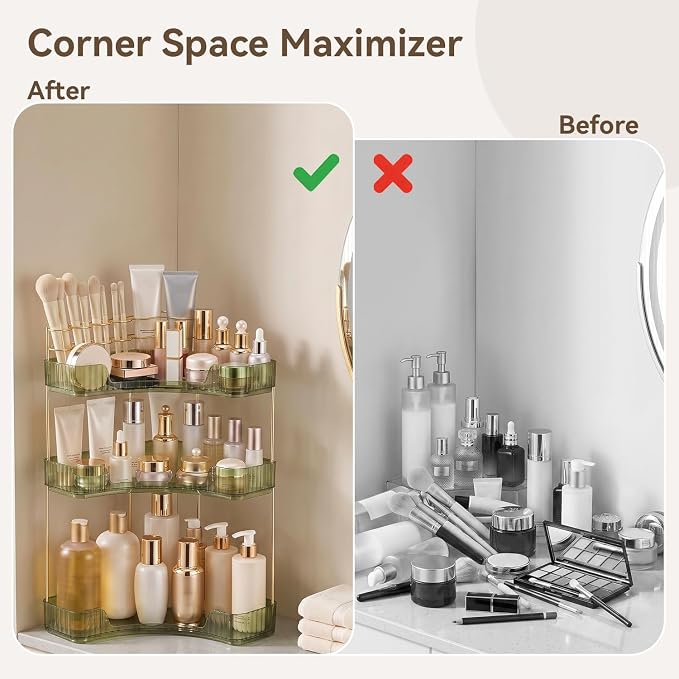 3-Tier Corner Bathroom Counter Organizer with Makeup Brush Holder, Green | Large Makeup Organizers for Vanity, Corner Bathroom Countertop Organizer for Cosmetic Perfume Skincare Storage