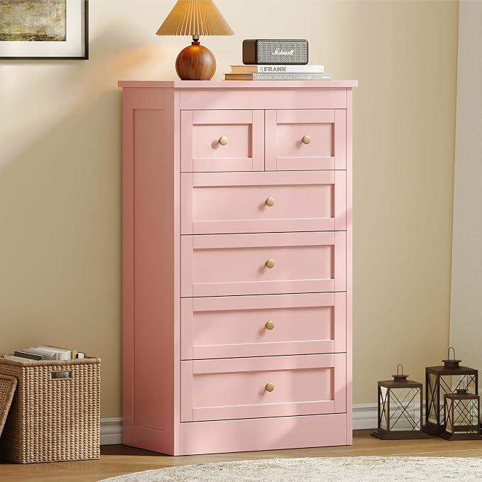 wanan Tall 6 Drawer Dresser for Bedroom, Pink Modern 43.3'' Tall Wood Chest of Drawers, Storage Organizer with Smooth Metal Rails & Anti-Tip Kit for Closet, Hallway, Living Room