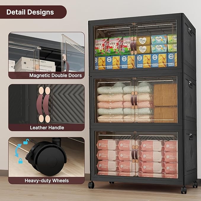 UAMFURI Stackable Storage Bins with Lids,720QT Closet Organizers, Lockable Storage Cabinet，Foldable Storage Box with Doors and Wheels, Plastic Drawers for Home, Garage, Office (6, Black, Large)