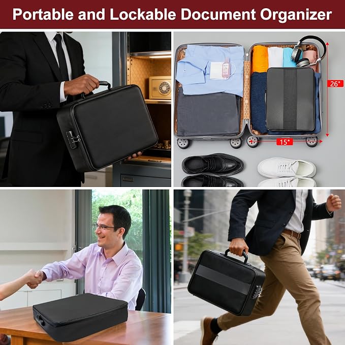 Fireproof Document Organizer Box with Lock for Important Documents | 8 Layers File Organizer, 5200°F Fire & Water-Resistant, Portable Home Travel Safe Storage, 15"x11"x4.1", Black, Soft