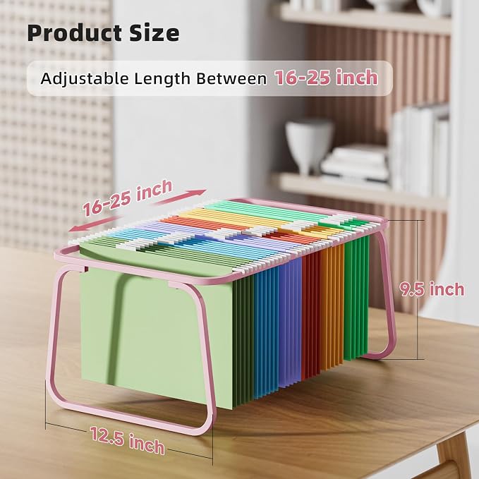 Marbrasse Hanging File Folder Frame, Adjustable Letter Size File Holder 16-25 Inches, Metal File Cabinet Rails for Office, Home, School, Pink