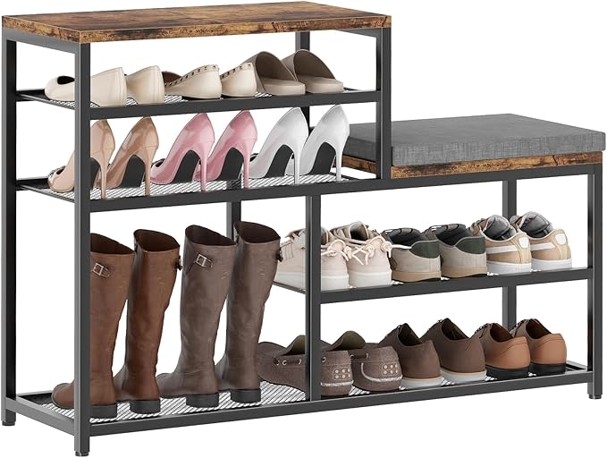 Shoe Rack,Freestanding Hidden Shoe Storage Organizer for Entryway, Shoe Bench Shelves for High Boot with Seat Cushion,Wood Shoe Rack Cabinet for Front Door Entrance Closet, Hallway, 5 Tier,Brown