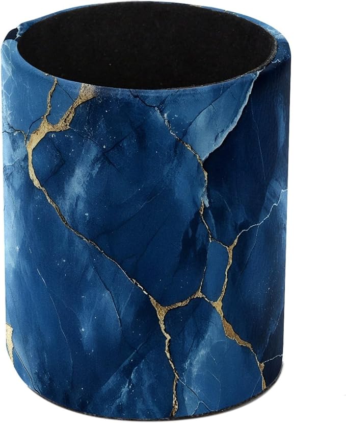 Faux Leather Pen Holder for Desk, Pencil Organizer Blue Gold Marble Texture Pen Cup Desk Decor Makeup Brush Holder Storage for Office Home