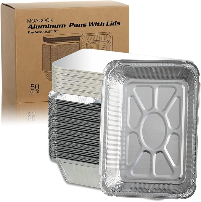 MOACOCK 50 Pack Aluminum Pans with Lids(8.5"×6"), 2.25lb Foil Pans with Board Lids, Disposable Take Out Food Containers, Foil Pans for Meal Prep Freezer Cooking Baking