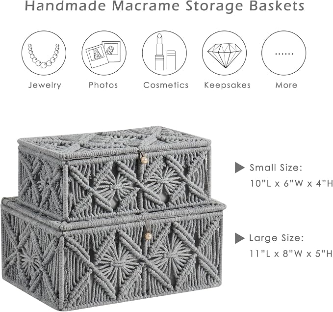2PCS Decorative Boho Storage Baskets with Lid Bohemian Macrame Jewelry Box Handmade Natural Cotton Rope Woven Bins Memory Keepsake Photo Makeup Organizer Container (Gray, 1 Large 1 Small)