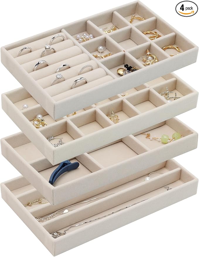 Set of 4 Beige Stackable Jewelry Trays, Jewelry Drawer Organizer Inserts | Jewelry Organizer Trays for Drawer, Jewelry Display Tray Storage with Removable Dividers for Earring Ring Necklace Bracelet