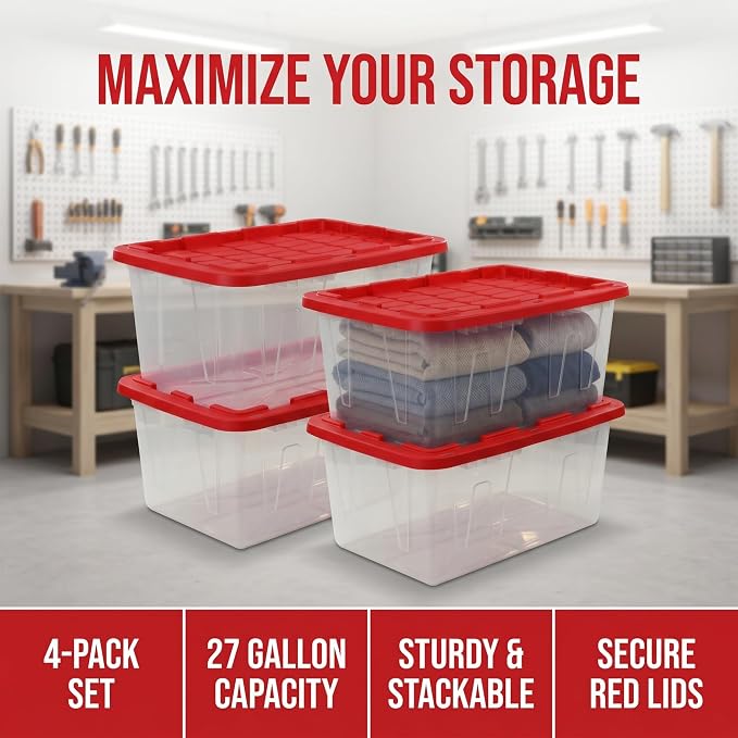 Pack of 4 Clear Storage Bins with Red Snap Lids, 27 Gallon Plastic Totes for Garage & Basement Organization, Stackable Storage Containers for Holiday Decor & Home Use