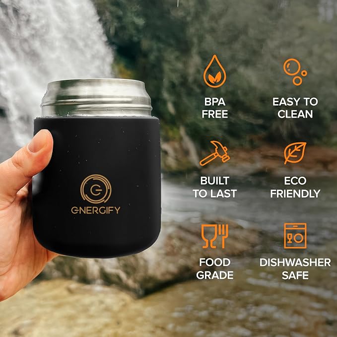 ENERGIFY Vacuum Insulated Food Jar. Large 17oz Bowl incl. Folding Spoon, Cup. Wide Mouth Keep Hot & Cold Drinks Soup Lunch Container for Adults. BPA-Free Stainless Steel, Leak Prooff Black Matte