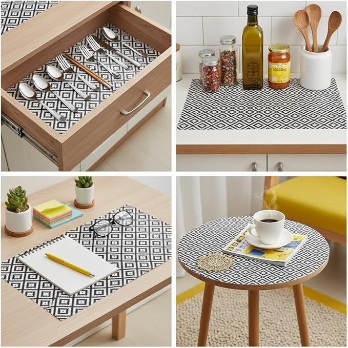 Coavas Shelf and Drawer Liner, Non Slip Extra Grip Non Adhesive Waterproof Thickened Cabinet Mat, Easy Cut for Kitchen Pantry Bathroom Dresser Cupboard (Black Rhombic, 12IN x 20FT)