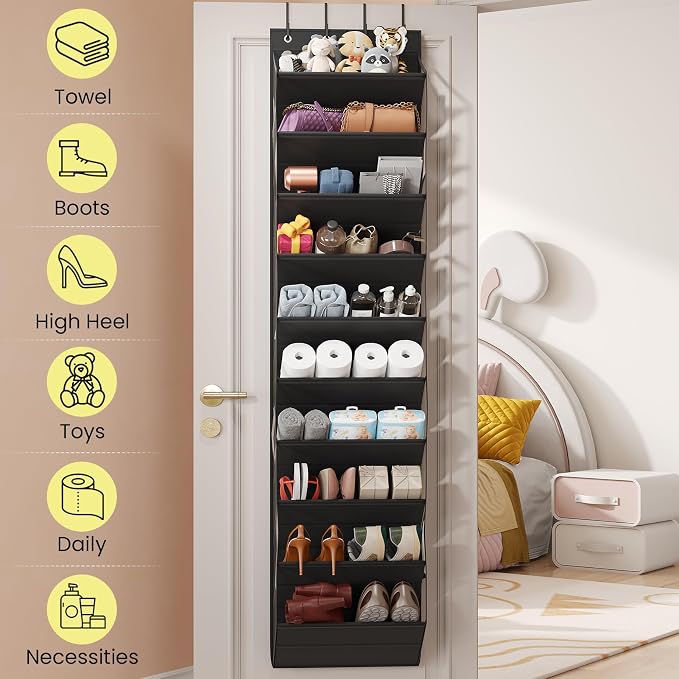 Mefirt 20-25 Pairs Over the Door Shoe Organizer, Clear Pockets Shoe Rack for Closet Door, 10-Tier Hanging Shoe Rack for Boots, Behind the Door Shoe Holder Fit All the Family's Sneakers, Heels, Black