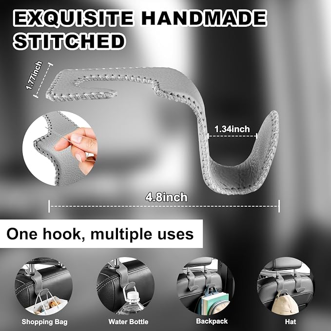 EldHus Car Seat Hooks for Purses and Bags, 2 Pack Car Purse Holder for Grocery Bag Handbag Clothes, Metal Headrest Hooks Covered by Leather, Gray
