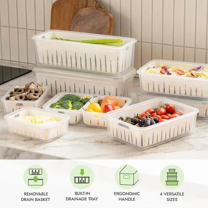 carrotez 12.7 Cup Produce Saver Container for Fridge with Colander - 3.0L | Airtight Fruit & Vegetable Storage Bin, Removable Strainer Basket, BPA-Free, Stackable, White Colander