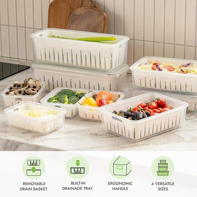 carrotez 3.0 Cup Produce Saver Container for Fridge with Colander - 700ml | Airtight Fruit & Vegetable Storage Bin, Removable Strainer Basket, BPA-Free, Stackable, White Colander
