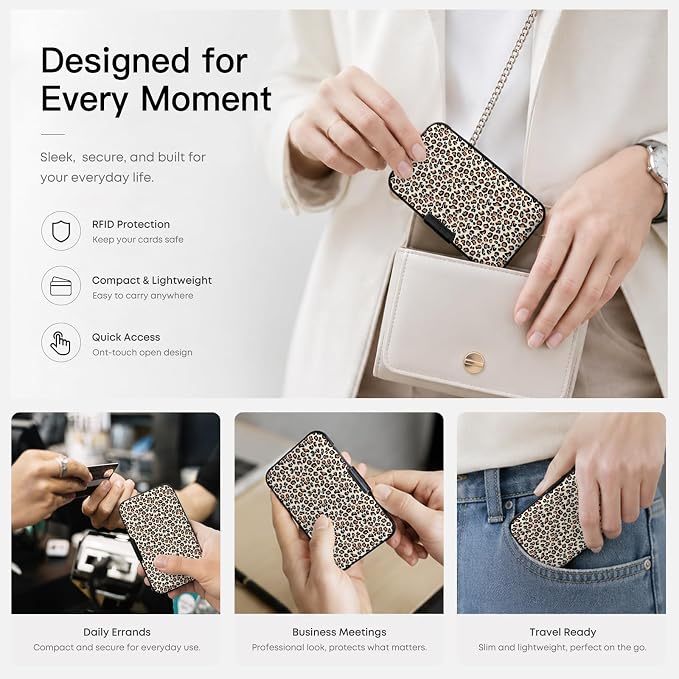 Credit Card Holder RFID Aluminum card case Leopard mini Wallet Women Men | ABS Business ID Case,Hard Case Large Capacity 6 Slots, Waterproof Durable ，Secure Closure Slim Small Credit Card Protector
