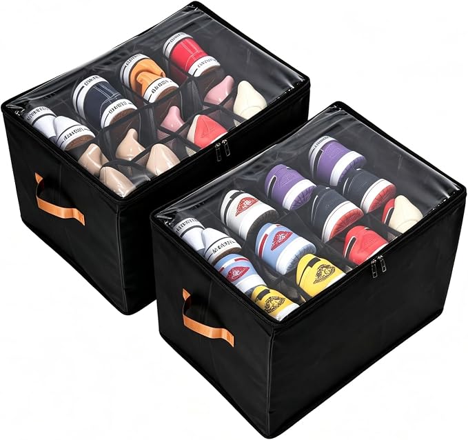 Shoe Organizer for Closet, 2 Pack Foldable Shoe Storage Containers, Fits up to 16-32 Pairs, Shoe Storage Organizer Box Cubby Baskets Bins with Clear Cover and Reinforced Handles, Black