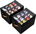 Shoe Organizer for Closet, 2 Pack Foldable Shoe Storage Containers, Fits up to 16-32 Pairs, Shoe Storage Organizer Box Cubby Baskets Bins with Clear Cover and Reinforced Handles, Black
