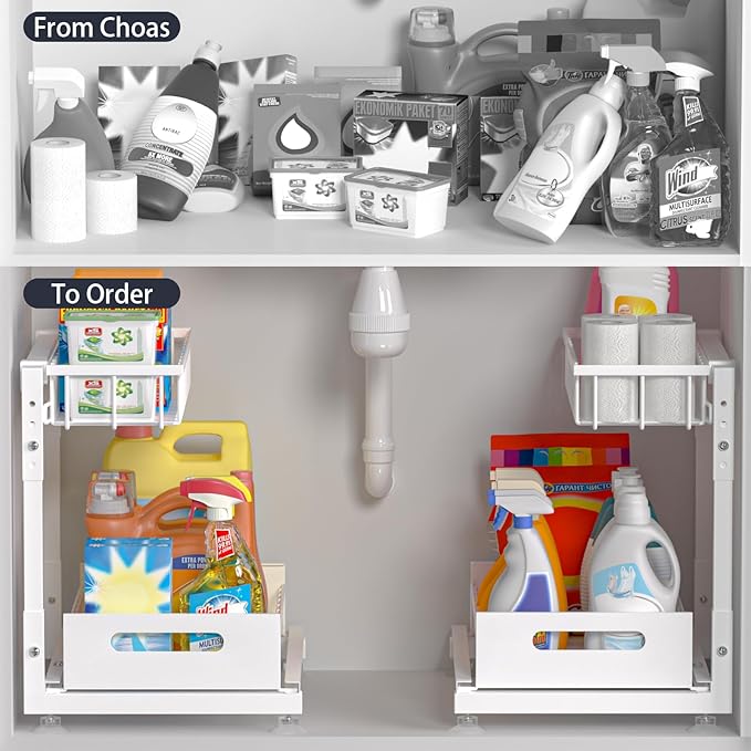L-Shaped Under Sink Organizer, 2-Tier Pull Out Metal Kitchen Cabinet Organizer with Sliding Storage Drawer, Height Adjustable Heavy Duty Under Bathroom Sink Storage for Cleaning Supplies 1 Pack