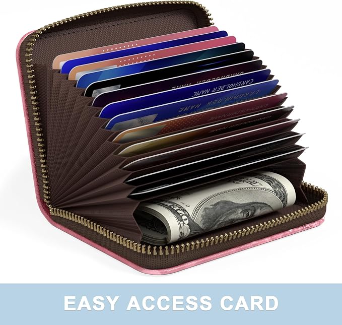 Aiawoxc Credit Card Holder, Small RFID Wallet Slim Leather Card Organizer Case with Zipper and Wristlet Strap, Work Hard