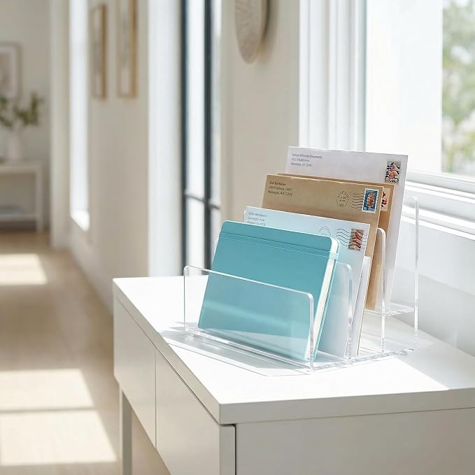 Jucoan Clear Acrylic File Holder, 3 Sections Vertical Desktop Organizer, 9 x 6.5 x 6.5 Inch Office File Sorter Stand Rack for Documents Letter Book